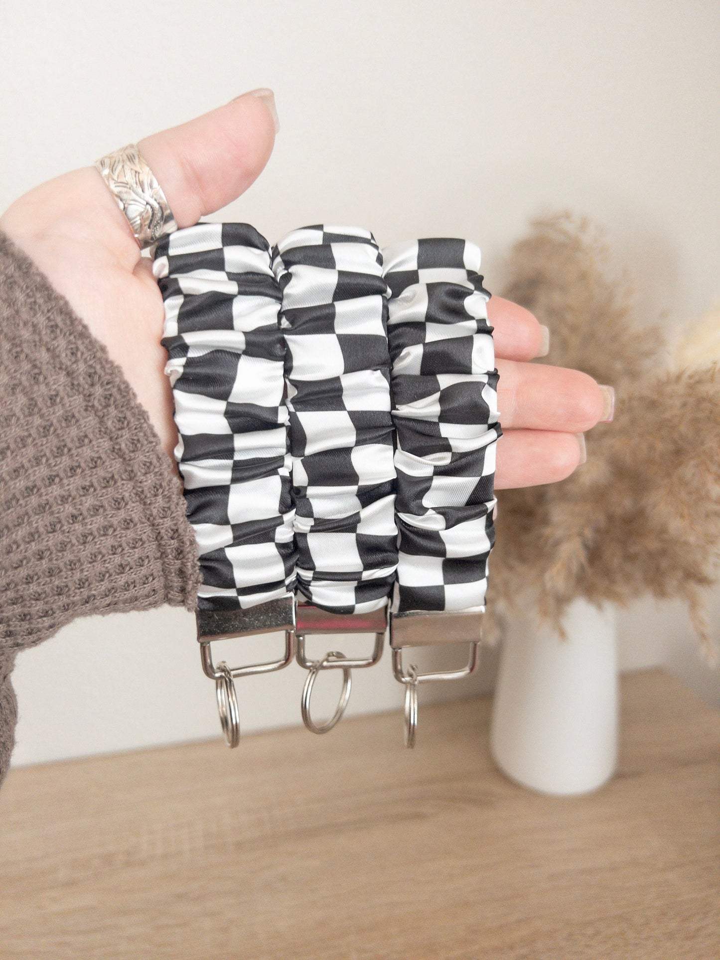 Black & White Checkered Scrunchy Wristlet