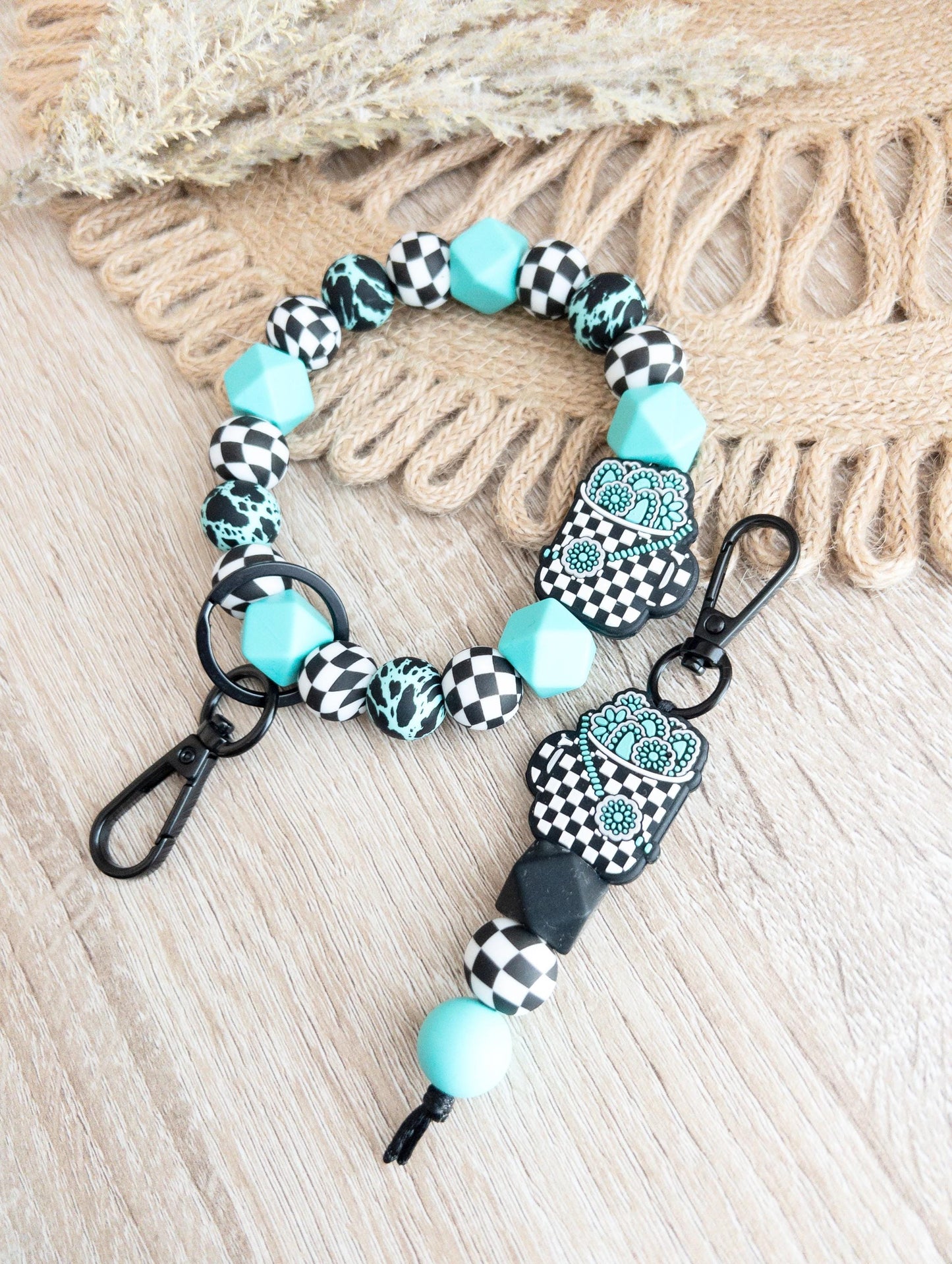Turquoise & Checkered Wristlet & Keychain