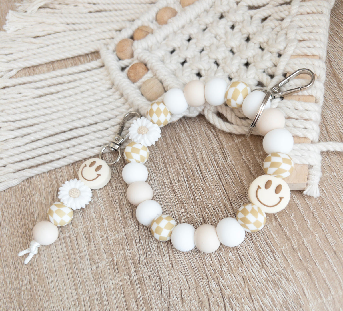 Boho Checkered Smiley Face Wristlet & Keychain