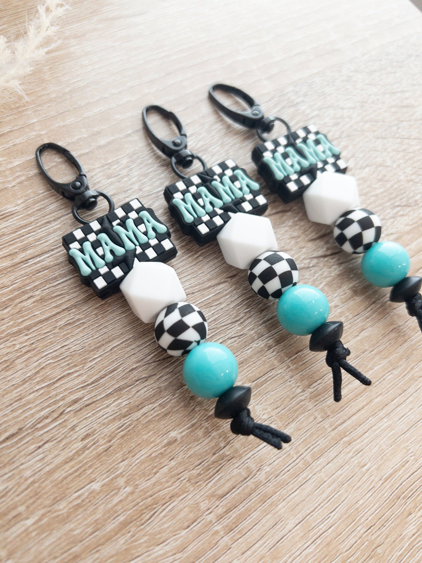 Checkered Teal Mama Keychain