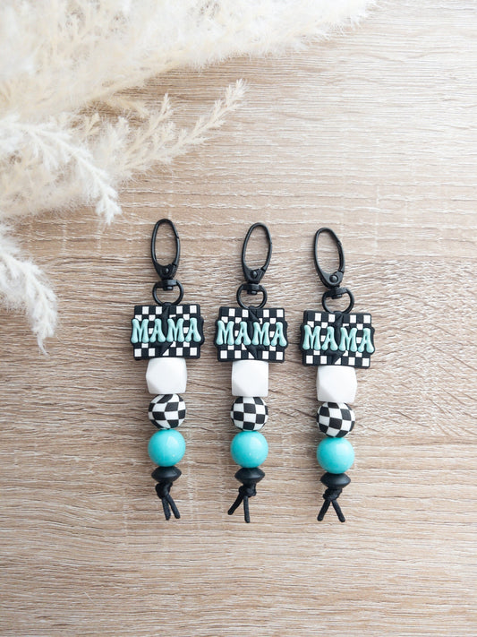 Checkered Teal Mama Keychain