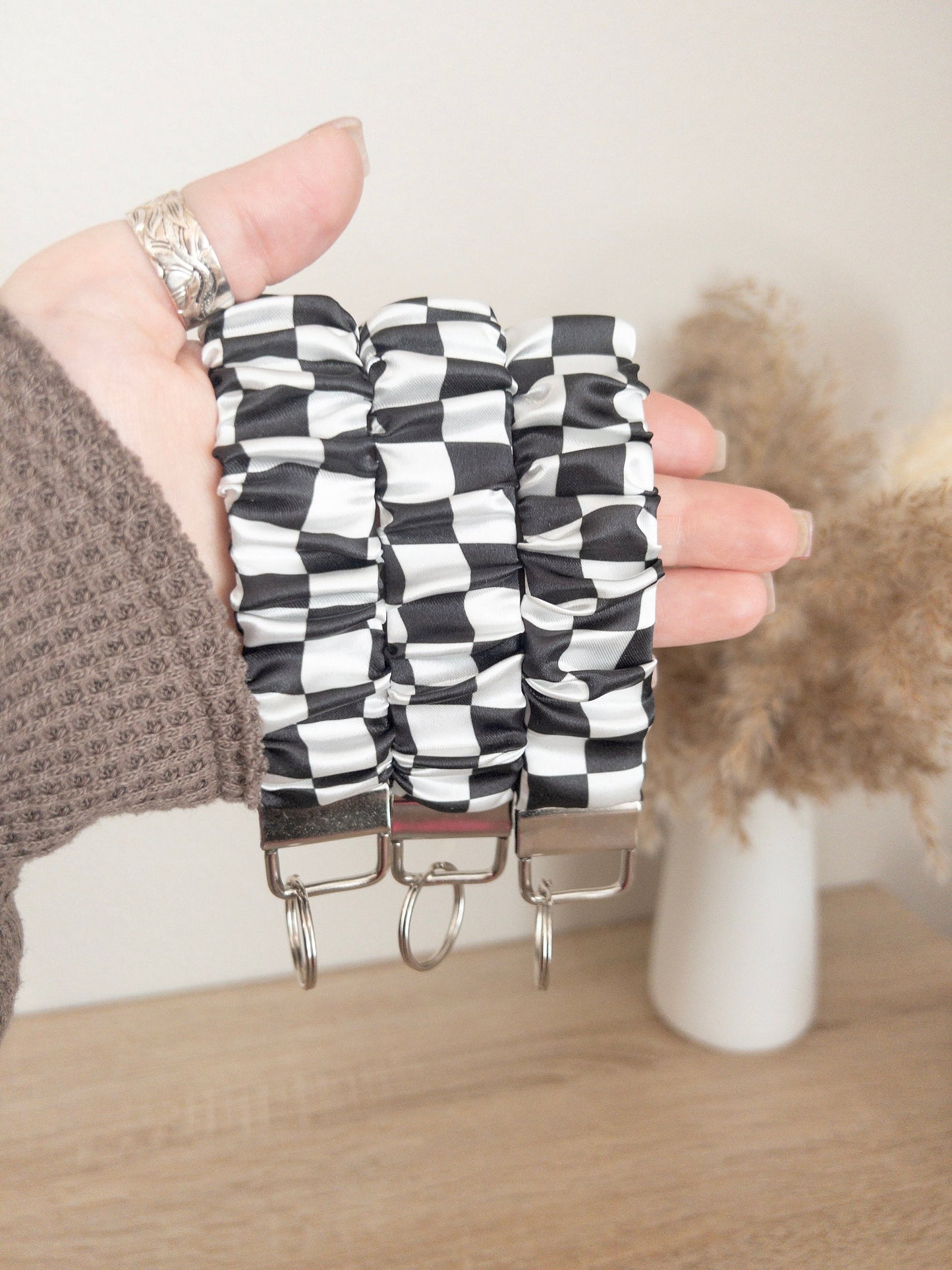 Black & White Checkered Scrunchy Wristlet