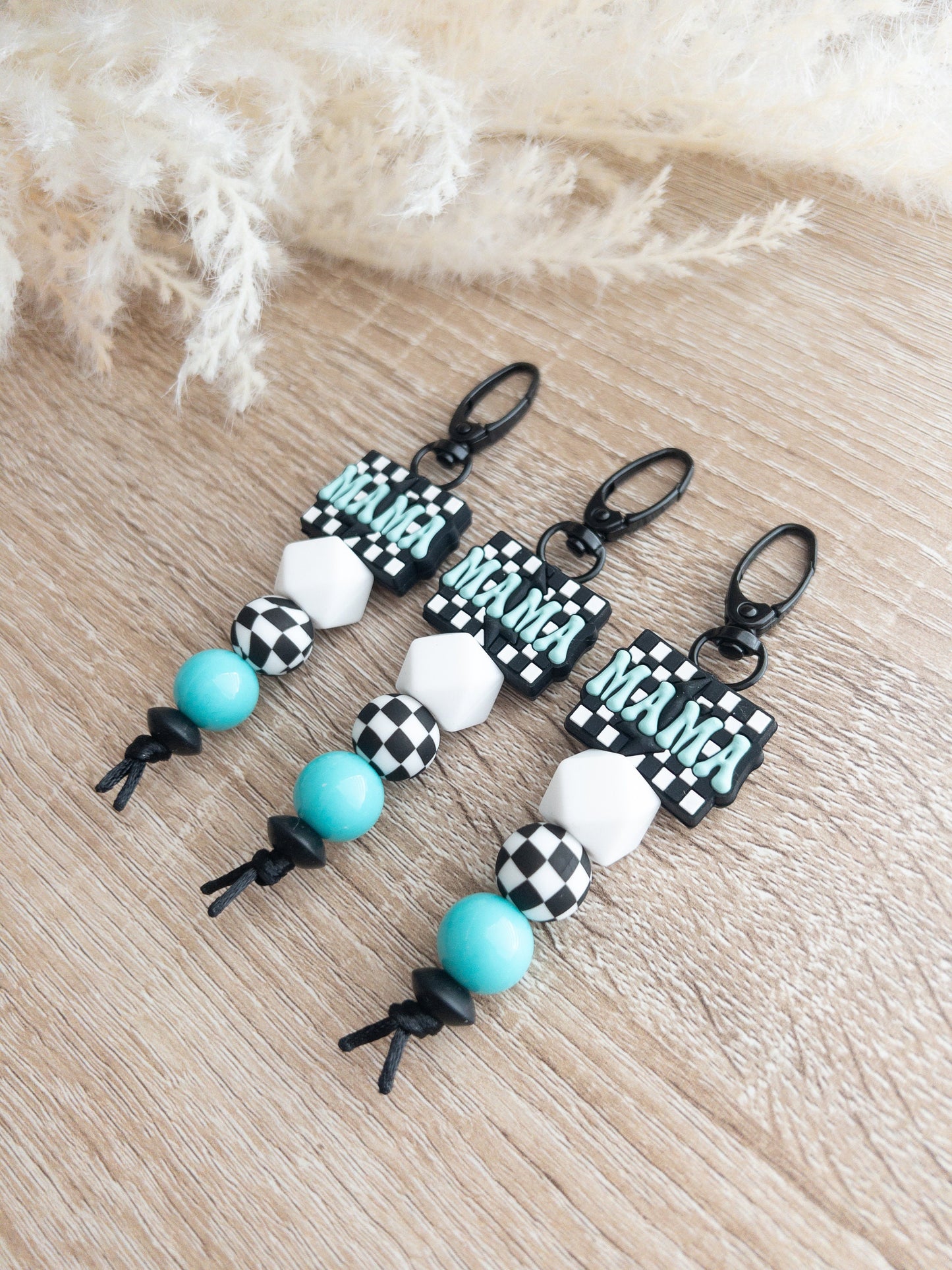 Checkered Teal Mama Keychain