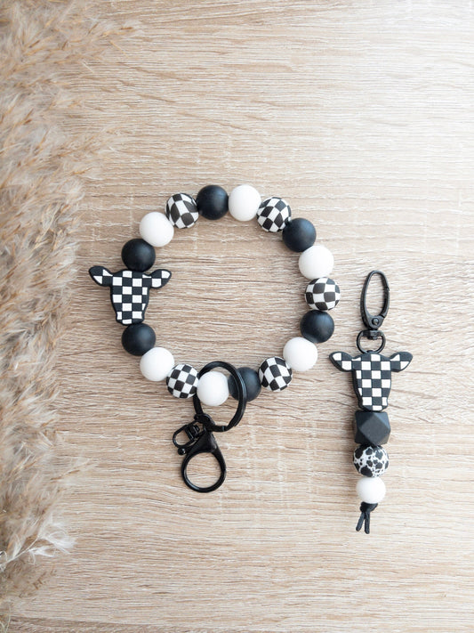 Checkered Cow Wristlet & Keychain