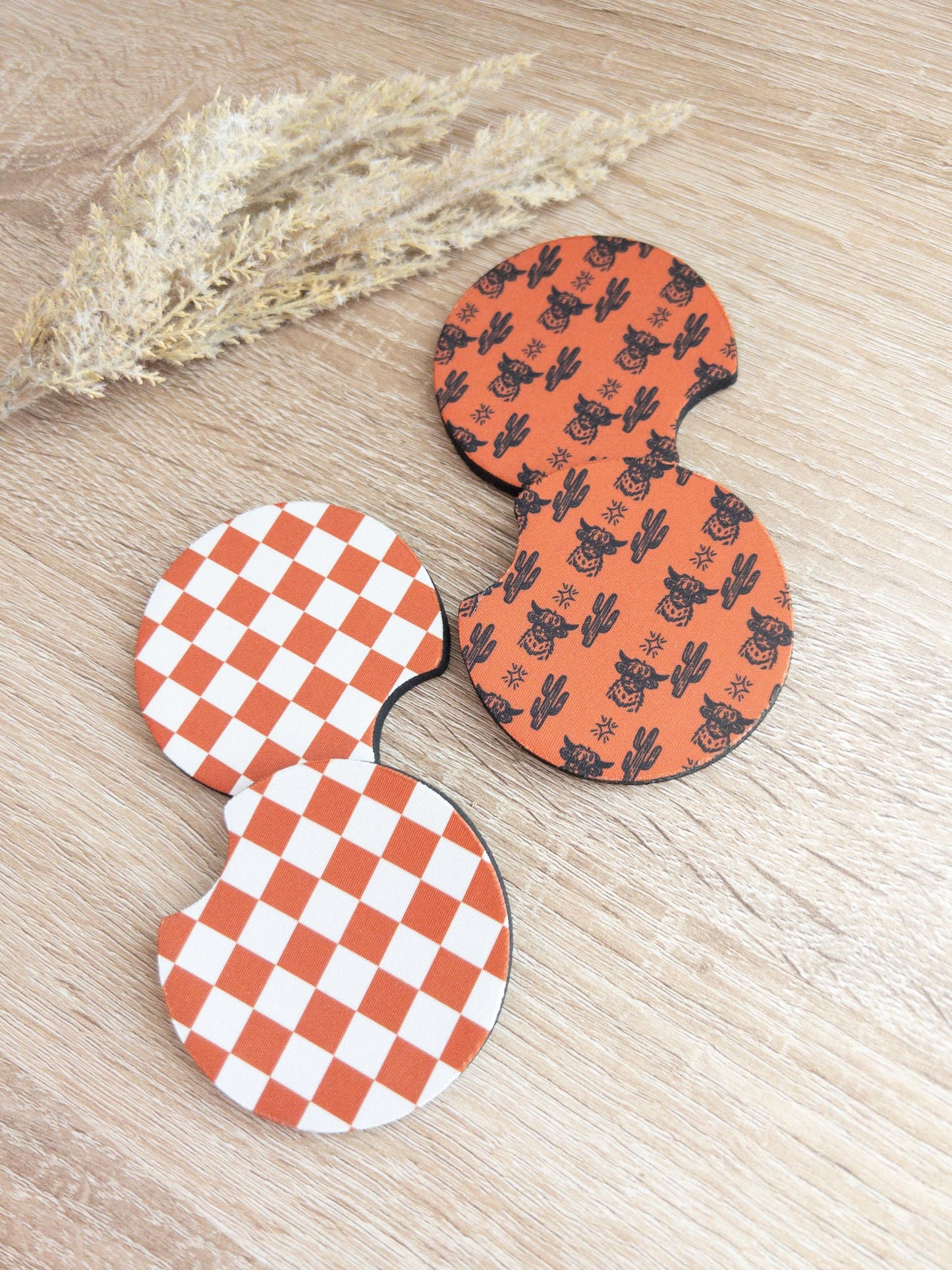 Car Coasters | Rust Checkered & Highland Cows