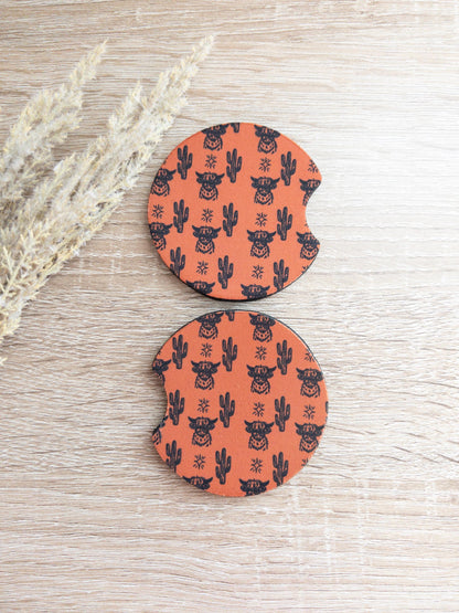 Car Coasters | Rust Checkered & Highland Cows