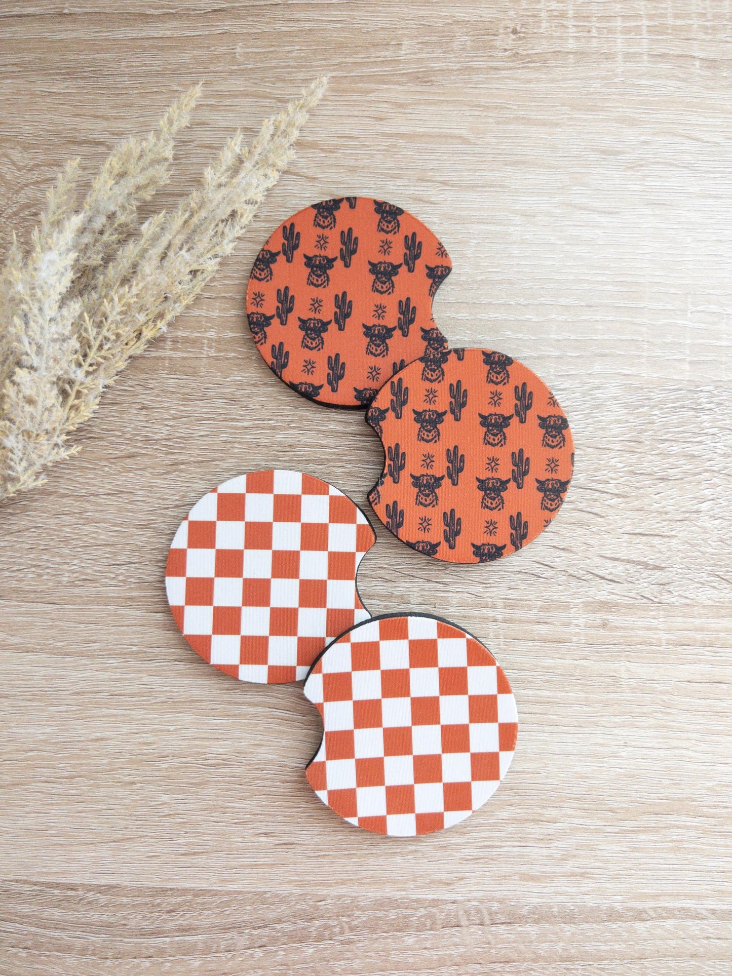 Car Coasters | Rust Checkered & Highland Cows