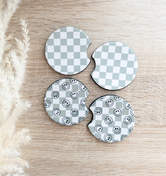 Car Coasters | Checkered & Smiley Face Prints