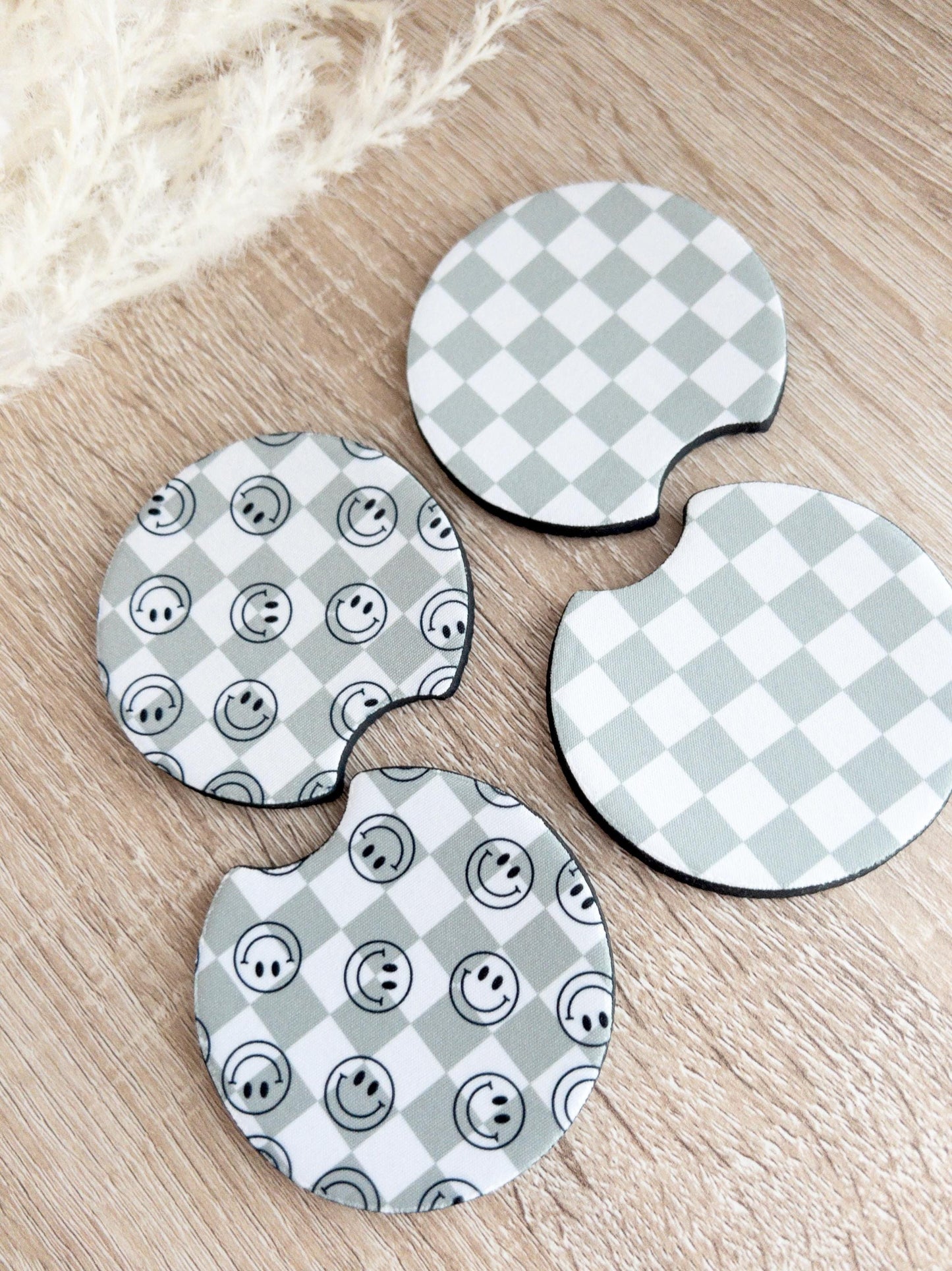 Car Coasters | Checkered & Smiley Face Prints