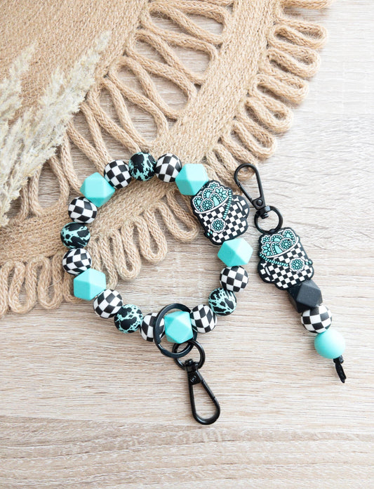 Turquoise & Checkered Wristlet & Keychain