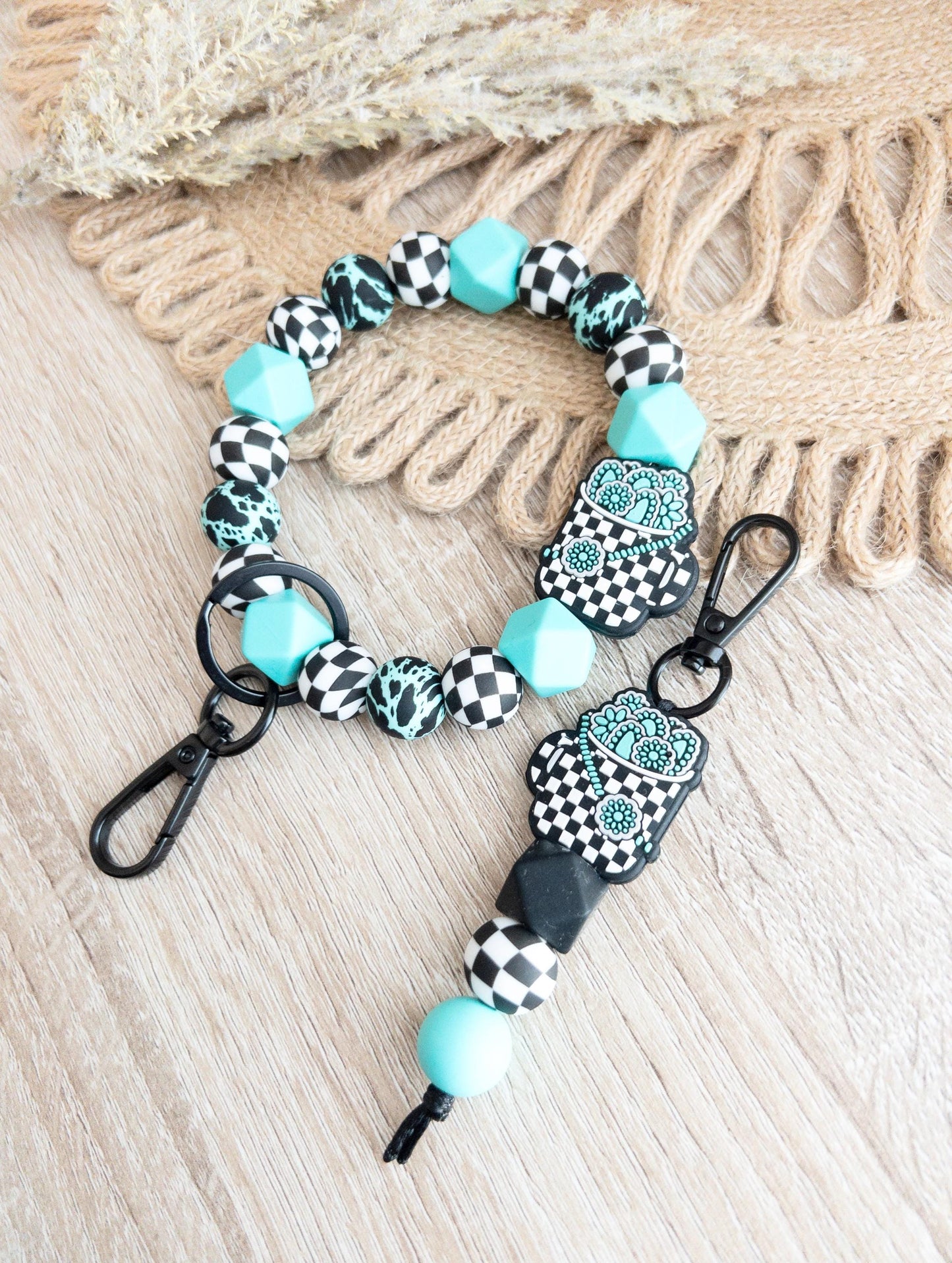 Turquoise & Checkered Wristlet & Keychain